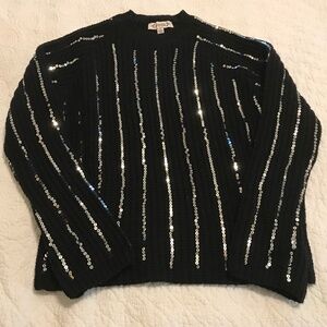 Chunky Nanette Lepore long sleeved black sweater with silver sequin stripes (S)